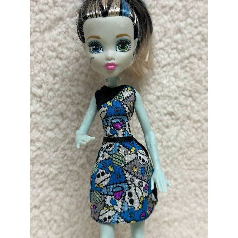 Monster High Frankie Stein Doll Blue Patchwork Dress Yellow Wedge Boots